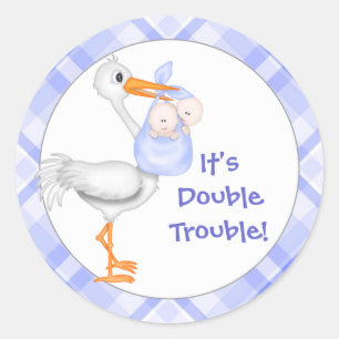 Sticker Rond Stork & Twin Boys Baby Faire-part