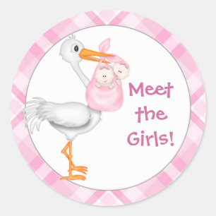 Sticker Rond Stork & Twin Girls Baby Faire-part