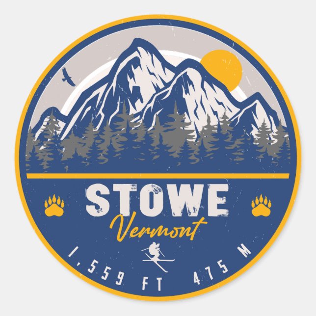 Sticker Rond Stowe Mountain Vermont Retro Sunset Ski Souvenir (Devant)