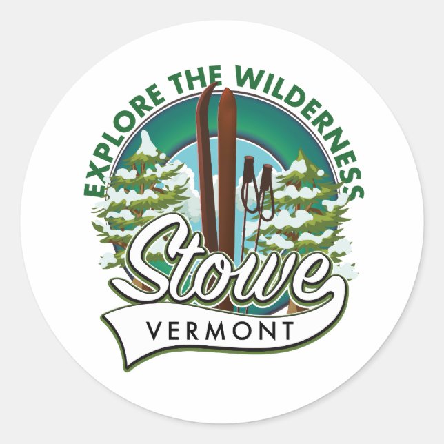 Sticker Rond Stowe Vermont, Explorez l'affiche de ski Wildernes (Devant)