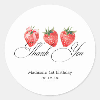 Sticker Rond Strawberry Bow 1st Birthday Thank You
