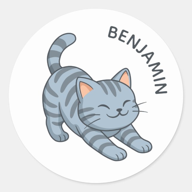 Sticker Rond Stretching Grey Tabby Cat Custom Name (Devant)