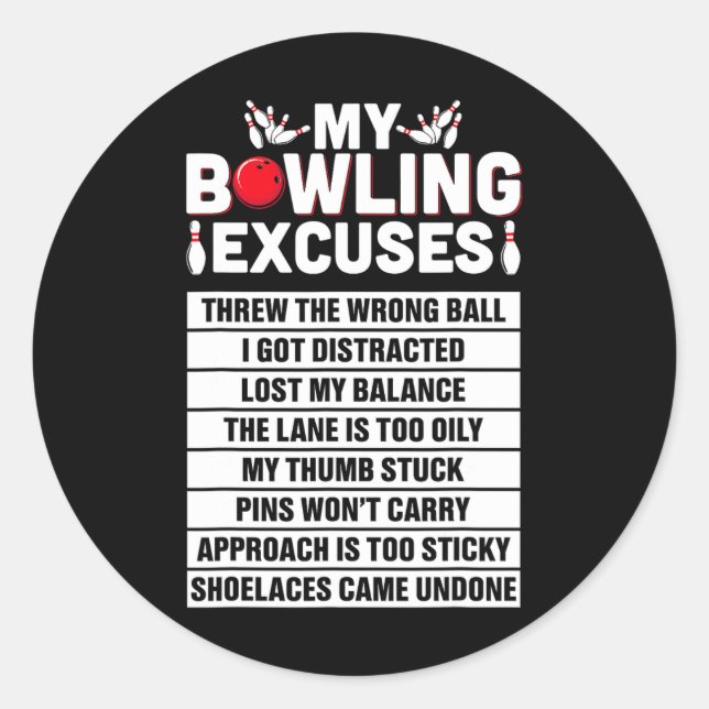 Sticker Rond Strike And Smile Co Tee Funny Bowling Excuses (Devant)