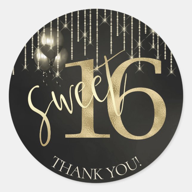 Sticker Rond String Lights & Balloons Sweet 16 Black/Gold ID473 (Devant)