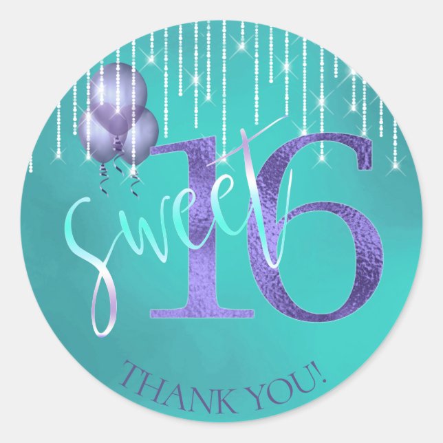 Sticker Rond String Lights & Balloons Sweet 16 TealPurple ID473 (Devant)