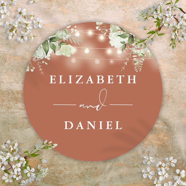 Sticker Rond String Lights Floral Terracotta Mariage Faveur (String Lights Floral Terracotta Wedding Favor Classic Round Sticker)