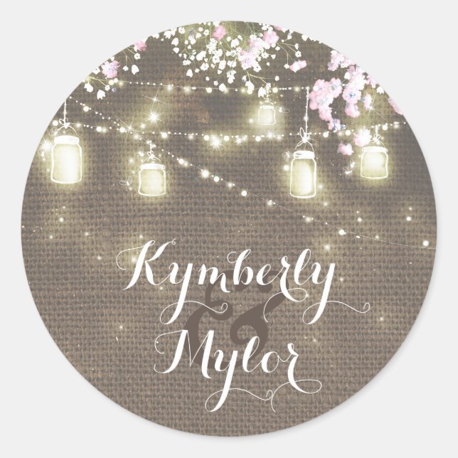 Sticker Rond String Lights Mason Jars Rustic Baby's Breath (Devant)