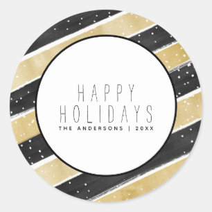 Sticker Rond Stripes modernes de Flocon de Neige Noir & Or