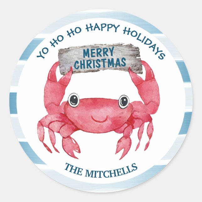 Sticker Rond Stripes Nautiques Joli Crabe Enveloppe de Noël (Devant)