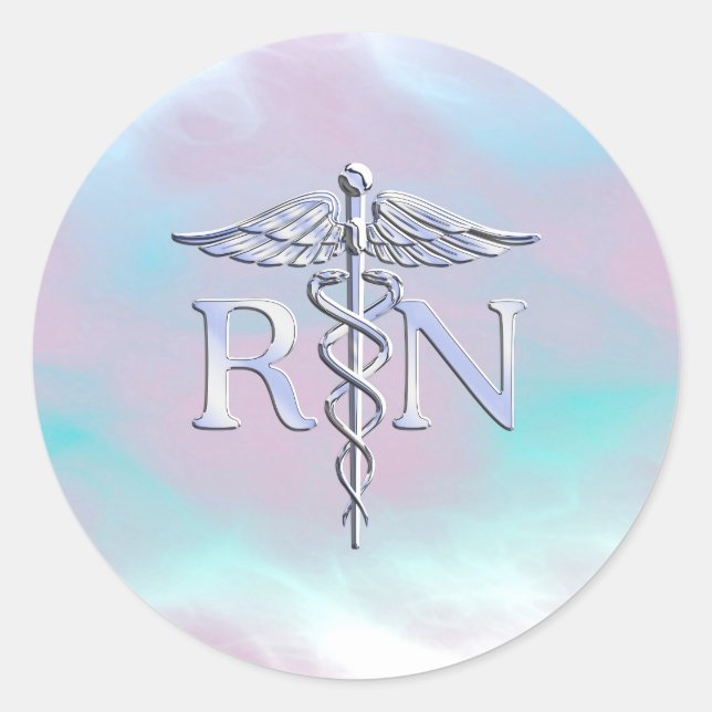 Sticker Rond Style Argent RN Caduceus Médicale Mère Pearl (Devant)