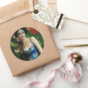 Sticker Rond Style Art Déco Elégant Femme avec Grandes Fleurs A
