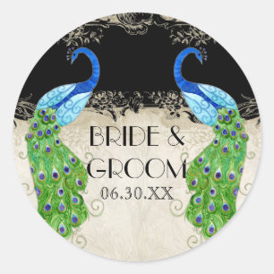 Sticker Rond Style Art Déco Peacock Black Faveur Tags Cadeaux S