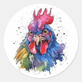Sticker Rond Style d'aquarelle de poulet du coq du pays