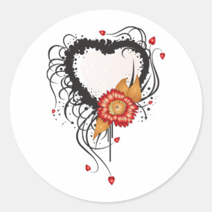 Sticker Rond Style Grunge Noir Coeur et Fleur