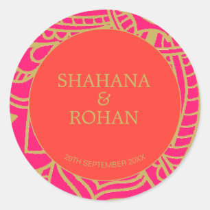 Sticker Rond Style Indien Rose Orange Or moderne Mariage Cla