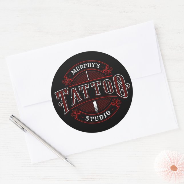 Sticker Rond Style traditionnel AJOUTER LE NOM Tattoo Studio Sh (Enveloppe)