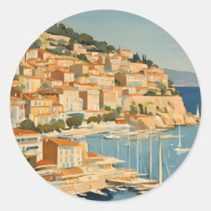 Sticker Rond Style vintage Côte d'Azur Aquarelle Voyage Françai