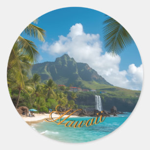 Sticker Rond Style Vintage Hawaï Voyage Côte Mer Bleue