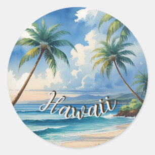 Sticker Rond Style vintage Hawaii Travel Coast Blue Sea