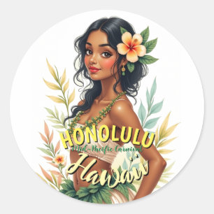 Sticker Rond Style vintage Hawaii Voyage Honolulu Hula Girl