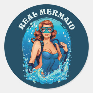 Sticker Rond Style vintage Véritable Sirène - Femme Plongeur Sc