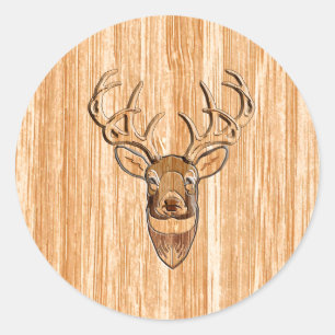 Sticker Rond Style White Tail Deer Head Light Wood Grain Déco