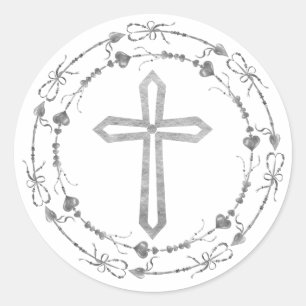 Sticker Rond Stylish Grey Cross Boho Wreath Baptism