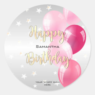 Sticker Rond Stylish Starry Joyeux anniversaire et ballons rose