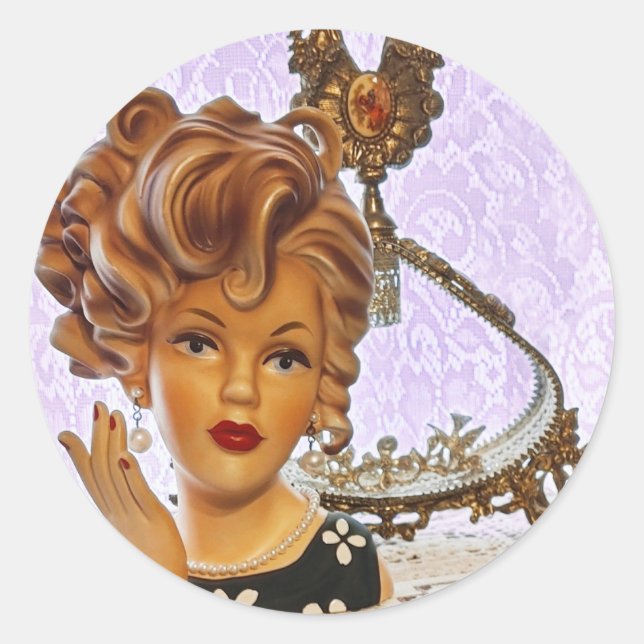 Sticker Rond Stylo Lady Head Vase Boucles Spirales Robe Florale (Devant)