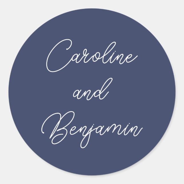 Sticker Rond Stylo moderne Mariage de script Noms Marine Bleu (Devant)