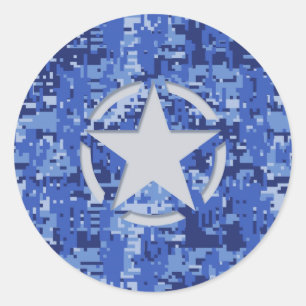 Sticker Rond Stylo Star Retro Camouflage bleu marine