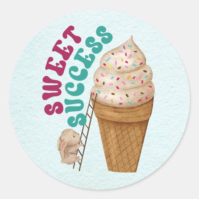 Sticker Rond Succès sucré - Joli lapin atteignant une glace crè (Devant)
