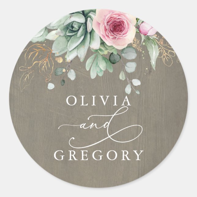 Sticker Rond Succulents et fleurs roses Mariage rustique (Devant)