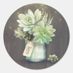 Sticker Rond Succulents Mason Jar Rustique Initiales Mariages
