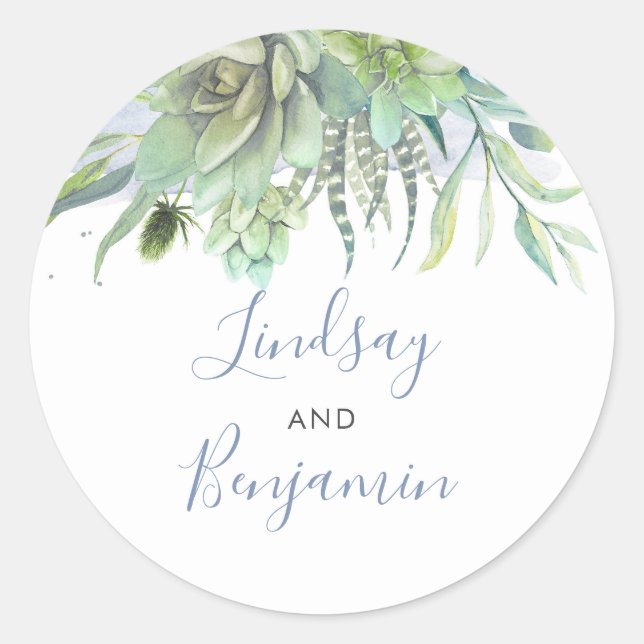 Sticker Rond Succulents Verdure Dusty Blue Mariage (Devant)