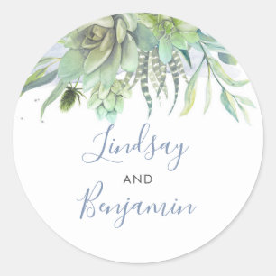 Sticker Rond Succulents Verdure Dusty Blue Mariage