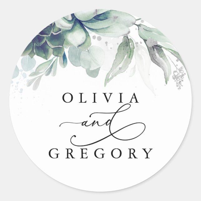 Sticker Rond Succulents Verdure et Mariage argenté (Devant)