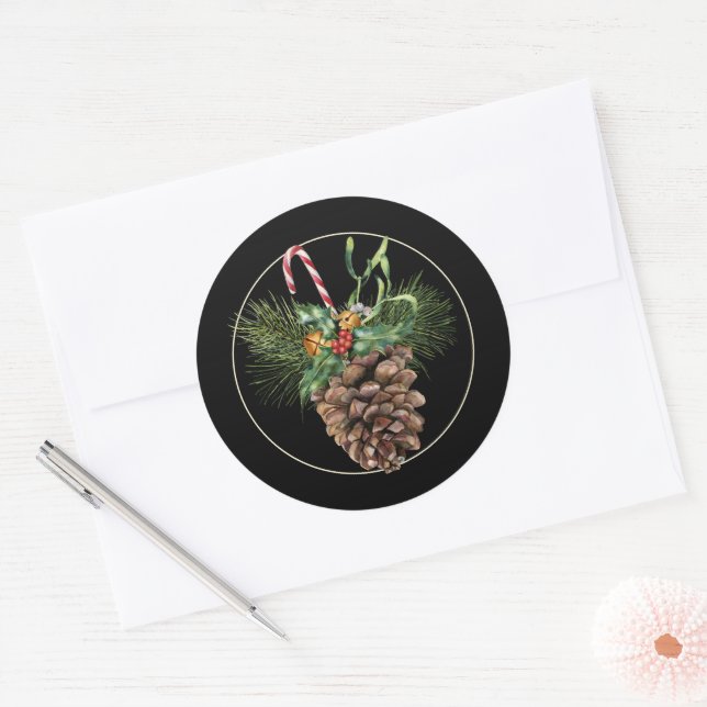 Sticker Rond Sucre de canne de Noël et Pinecone (Enveloppe)