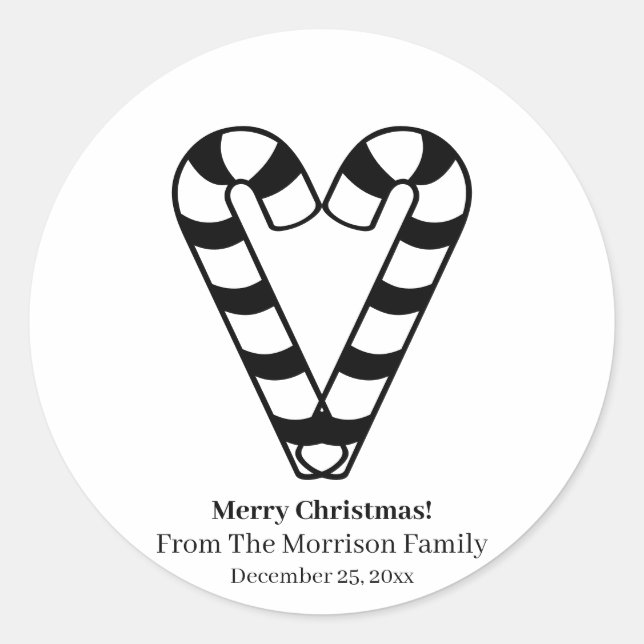 Sticker Rond Sucre de canne de Noël noir blanc nom personnalisé (Devant)