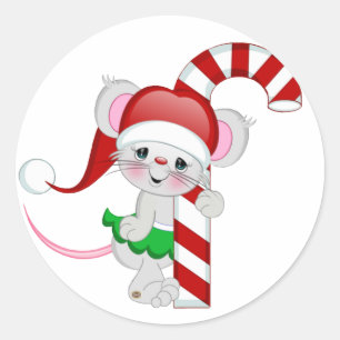 Sticker Rond Sucre de canne de souris de Noël