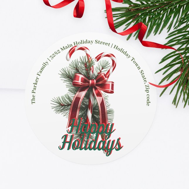 Sticker Rond Sucres de canne avec Red Bow Noël Adresse de retou (Créateur téléchargé)