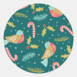 Sticker Rond Sucres de canne Holly Pine Boughs Oiseaux