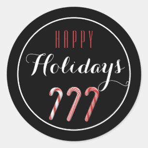 Sticker Rond Sucres de canne rouges et blancs Happy Holiday Sti