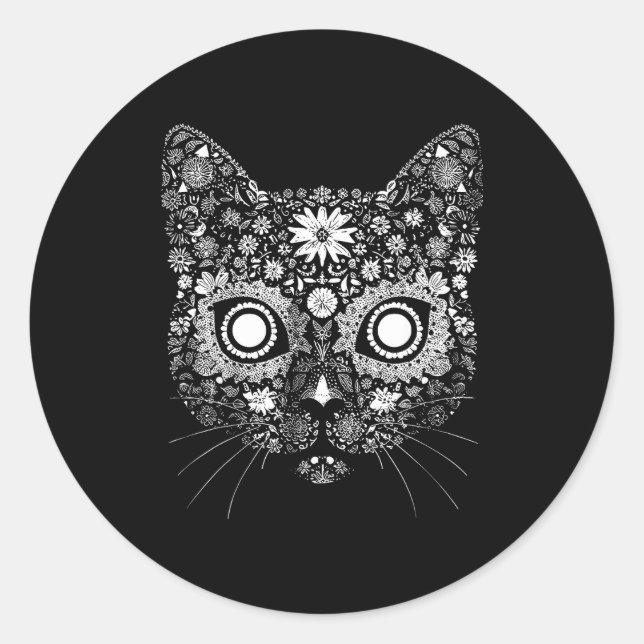 Sticker Rond Sugar Cat Skull Flower Artistic Design  (Devant)