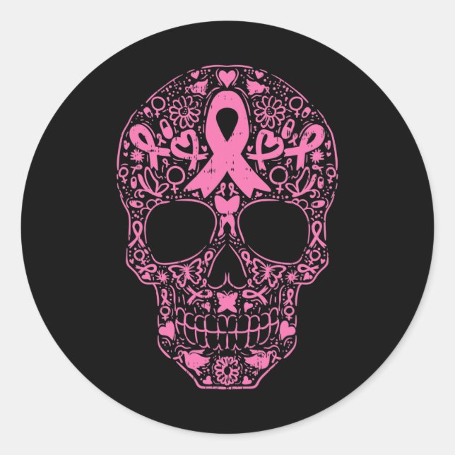 Sticker Rond Sugar Crâne rose Ruban Calavera Cancer du sein Awa (Devant)