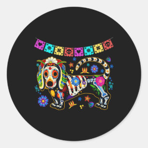 Sticker Rond Sugar Skull Mexican Dachshund Bone Halloween Day O