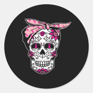 Sticker Rond Sugar Skull rose Ruban Cool Cancer du sein Cancer