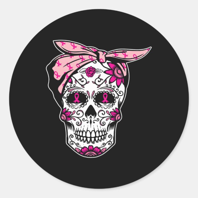 Sticker Rond Sugar Skull rose Ruban Cool Cancer du sein Cancer  (Devant)