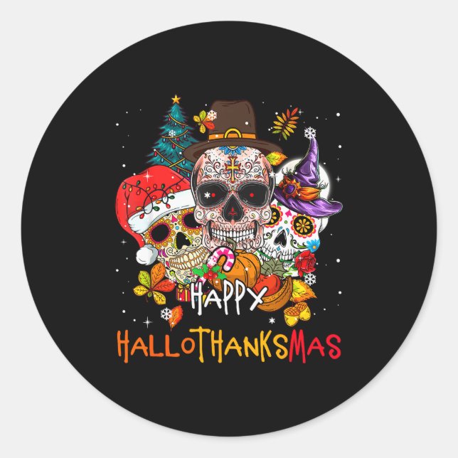 Sticker Rond Sugar-skull Skeleton Halloween Xmas Happy Hallotha (Devant)