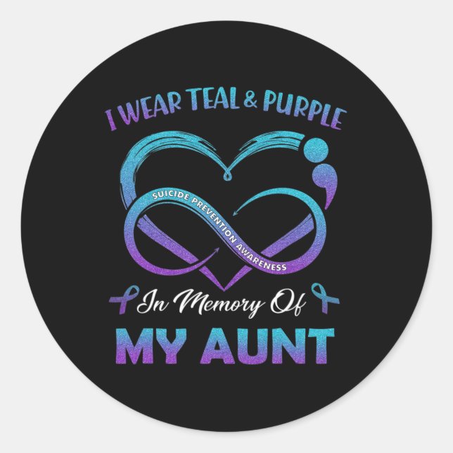 Sticker Rond Suicide Awareness I Wear Teal And Purple In Memory (Devant)